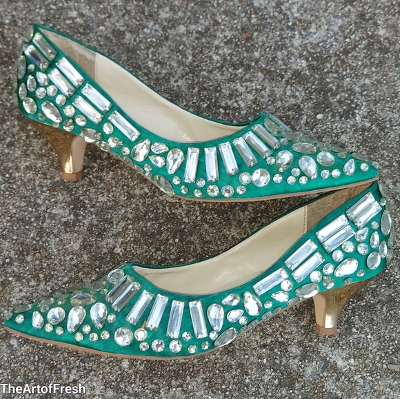ASHRO Green Crystal Jewel Embellished kitten heel pumps sz 7.5 - Picture 11 of 13